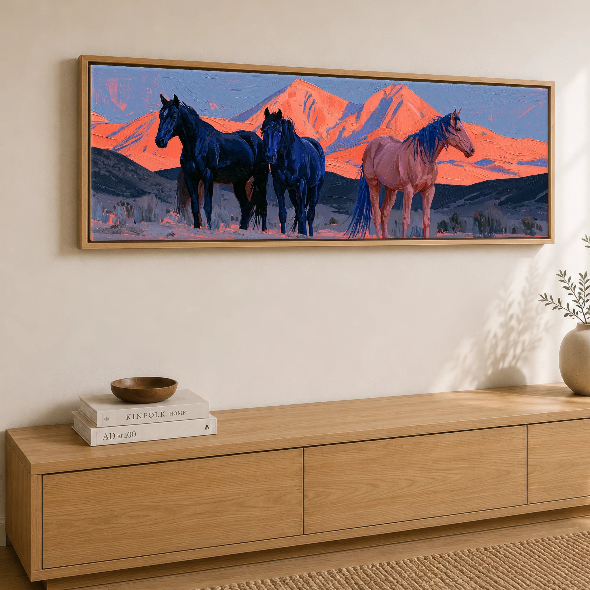 Horses of the Painted Ridge Horse Landscape panoramic canvas wall art displayed above a sideboard