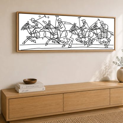 The Polo Line Polo Horse panoramic canvas wall art displayed above a sideboard