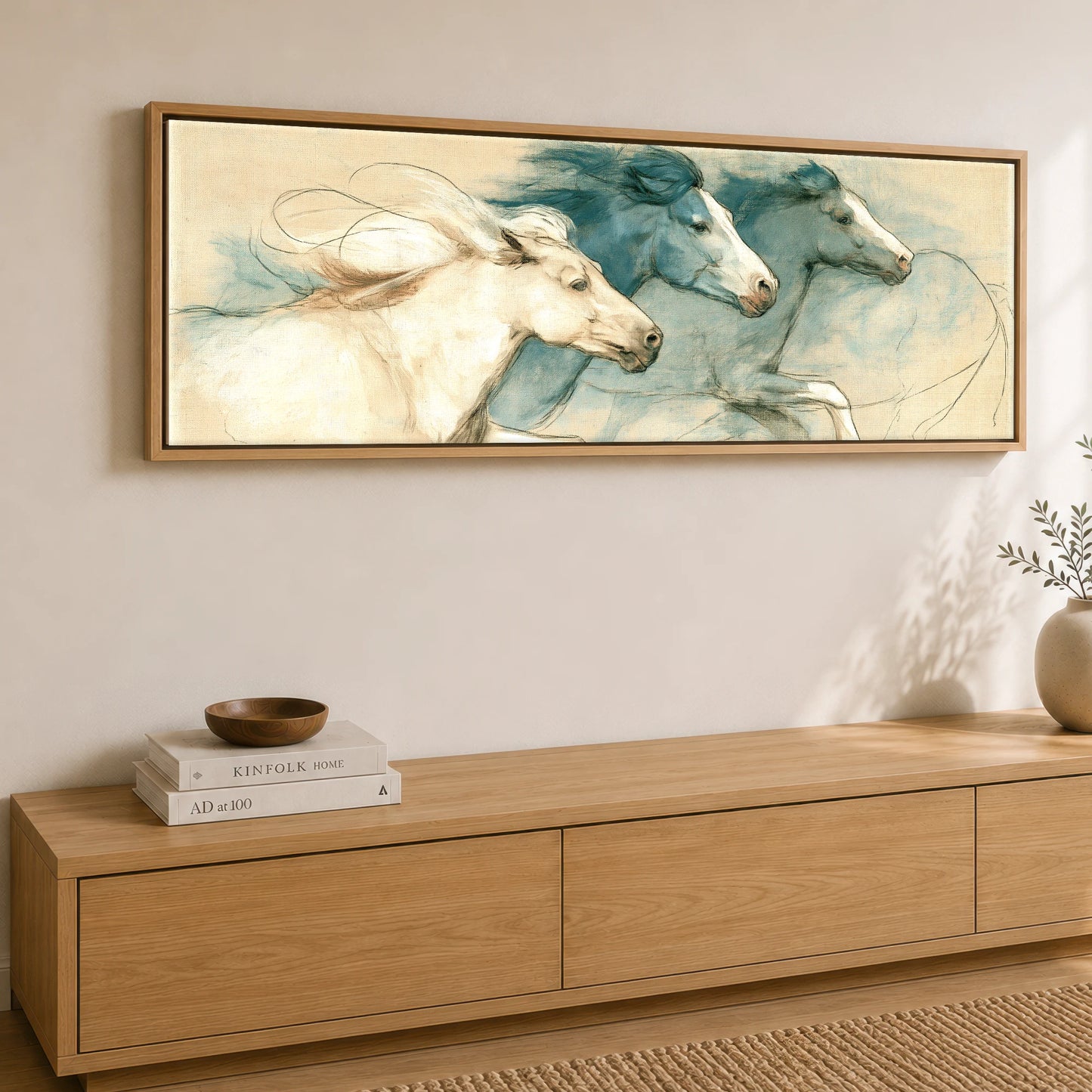 Azure Herd Study Horse Landscape panoramic canvas wall art displayed above a sideboard