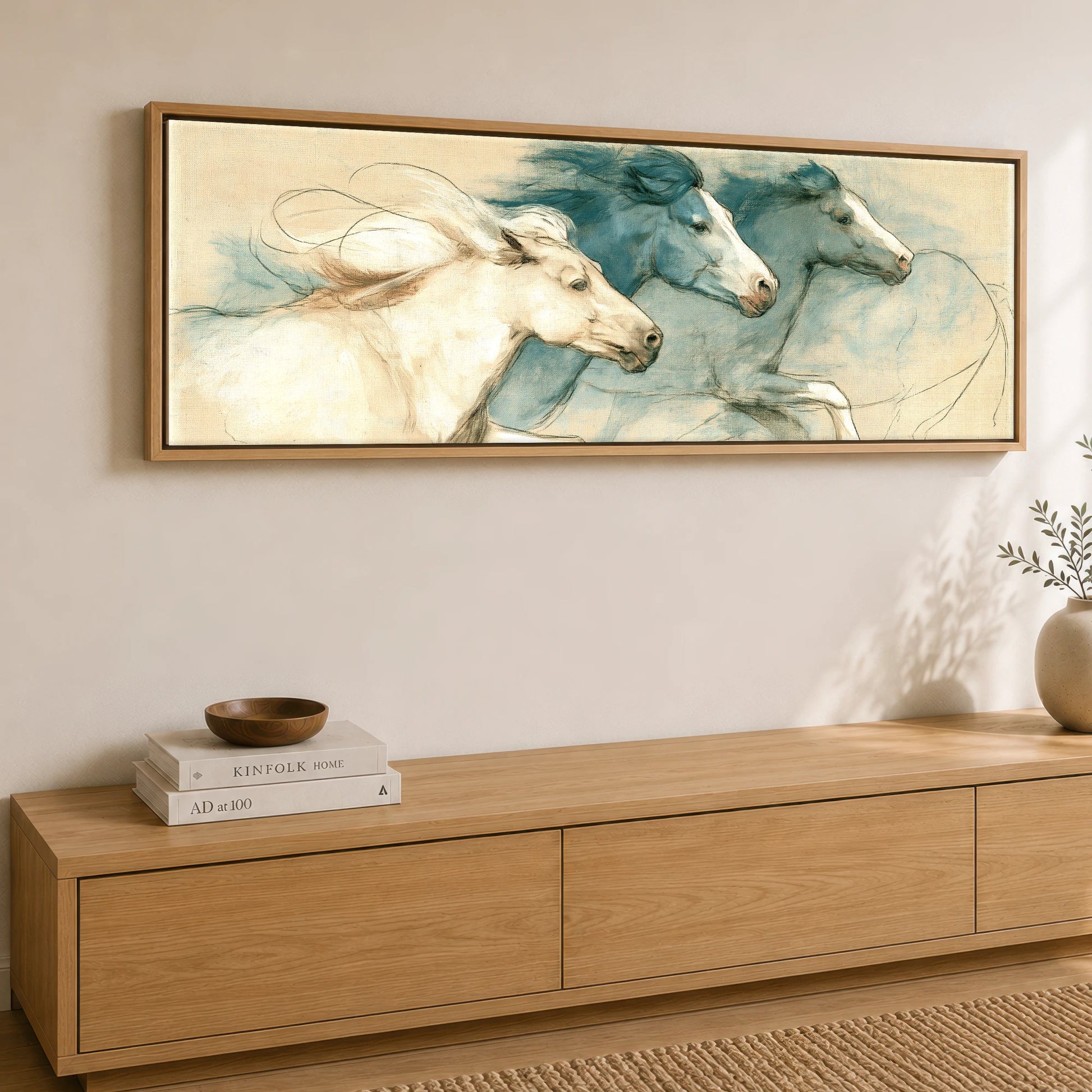 Azure Herd Study Horse Landscape panoramic canvas wall art displayed above a sideboard