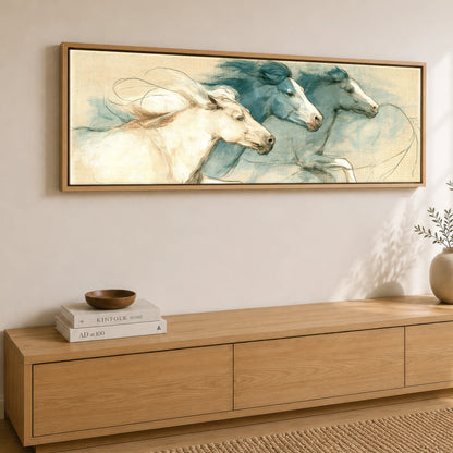 Azure Herd Study Horse Landscape panoramic canvas wall art displayed above a sideboard
