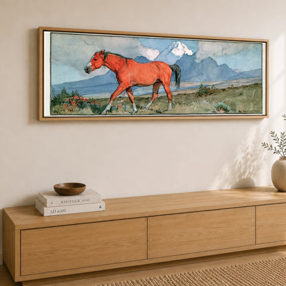 Mountain Wanderer Horse Landscape panoramic canvas wall art displayed above a sideboard