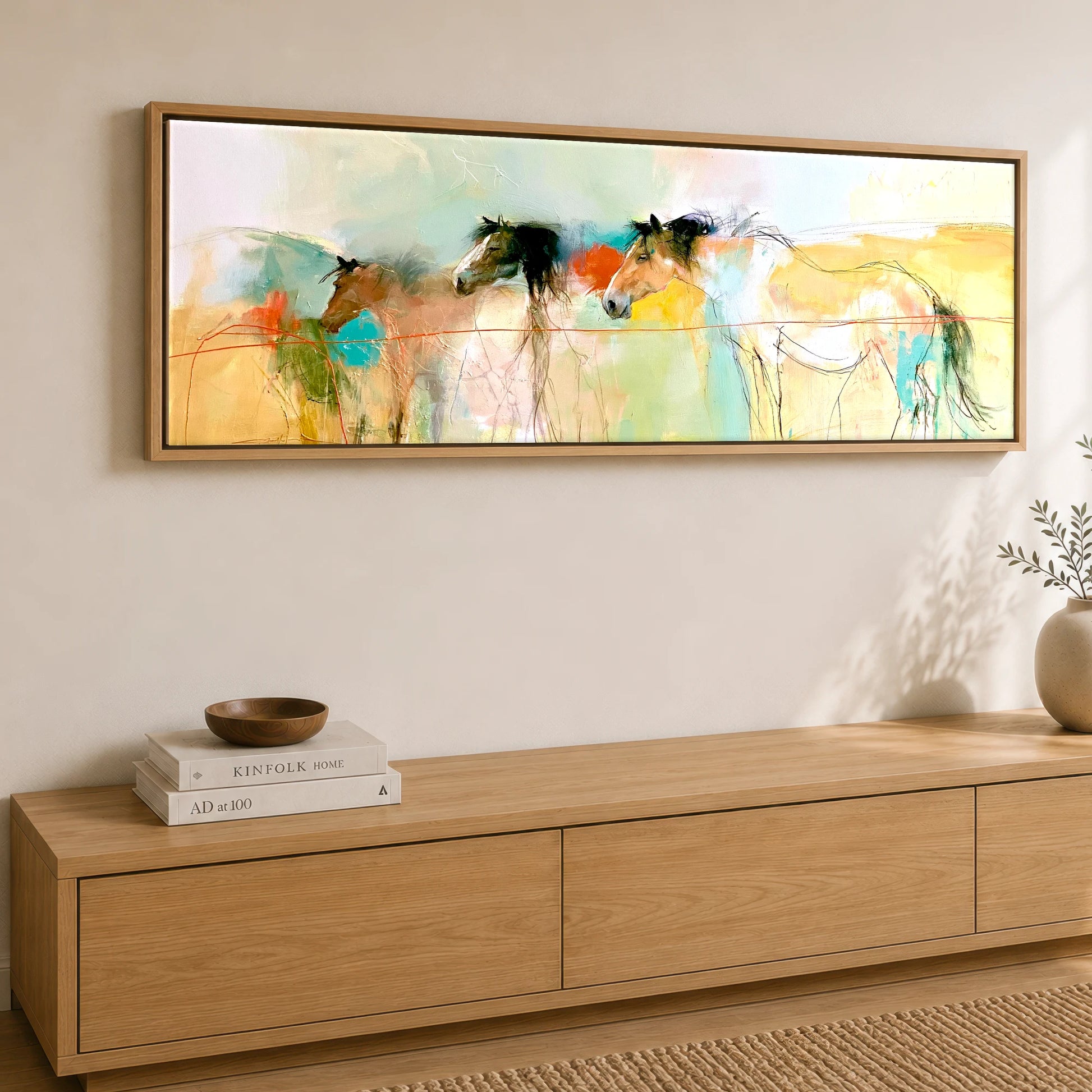 Expressive Equine Horizon Horse Landscape panoramic canvas wall art displayed above a sideboard