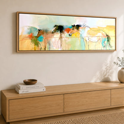 Expressive Equine Horizon Horse Landscape panoramic canvas wall art displayed above a sideboard