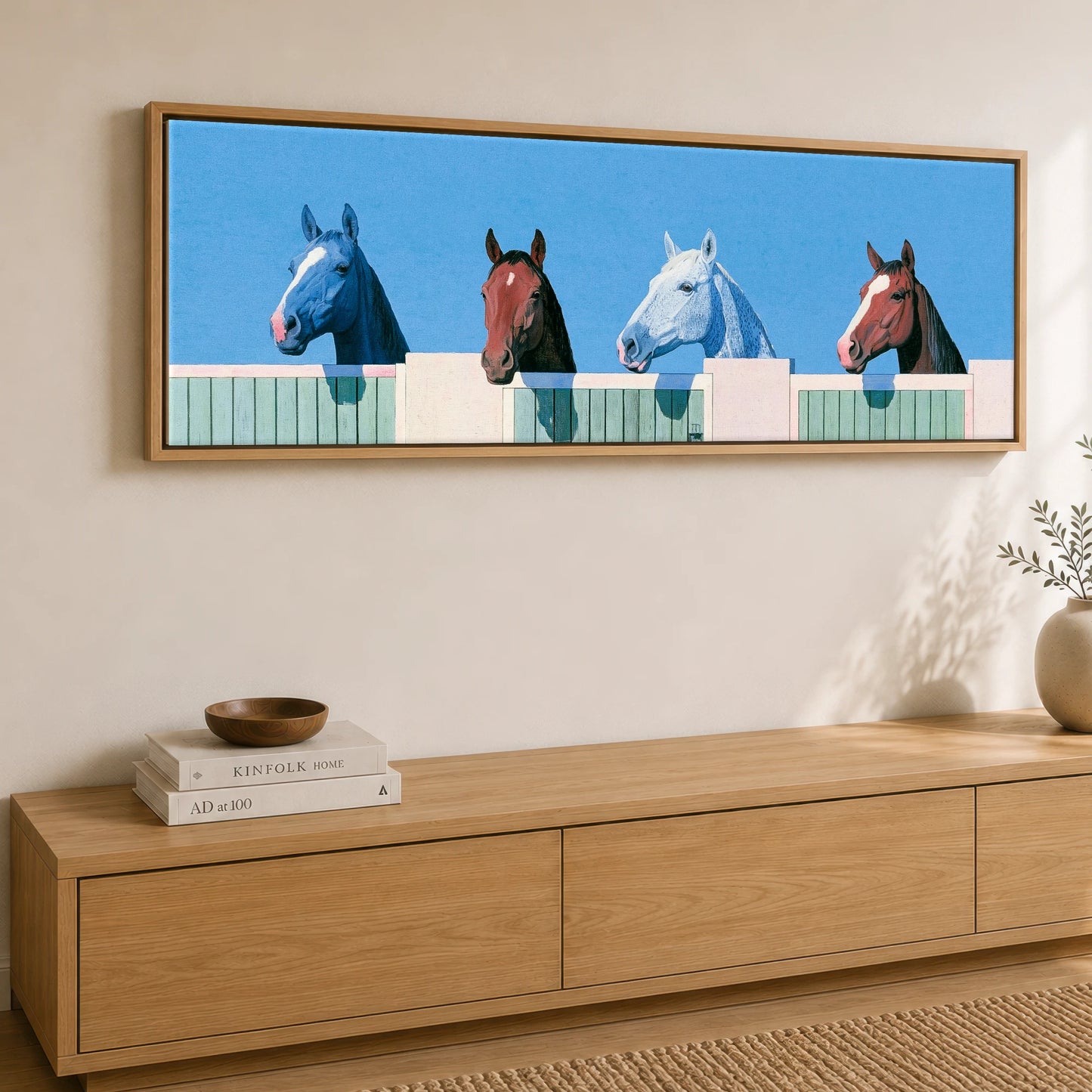 The Morning Line-Up Horse Stable panoramic canvas wall art displayed above a sideboard
