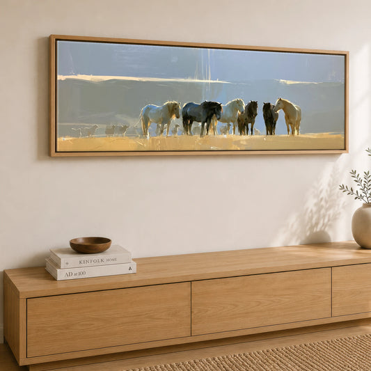 Sunlit Pasture Gathering Horse Landscape panoramic canvas wall art displayed above a sideboard