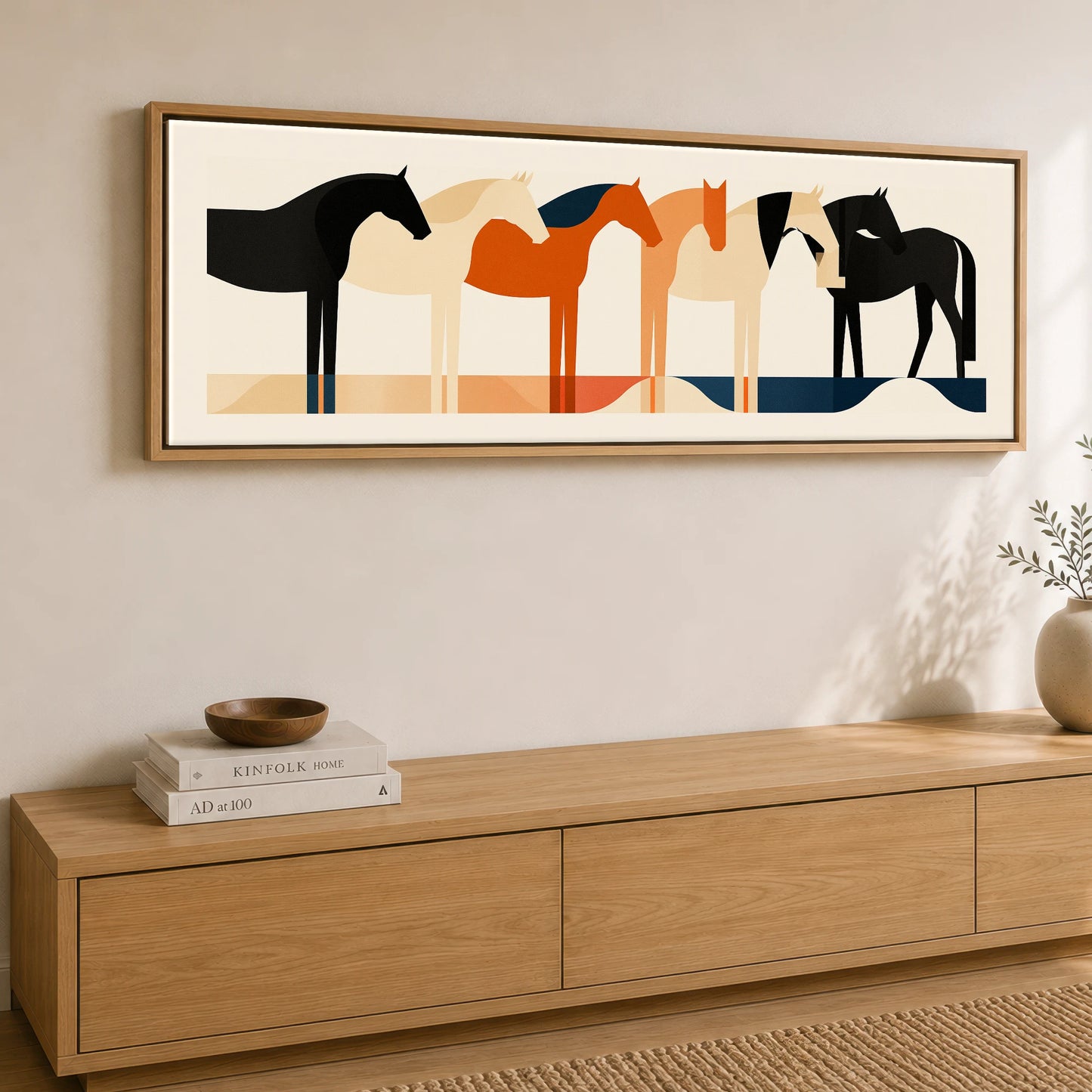 Geometric Equine Harmony Wild Horses panoramic canvas wall art displayed above a sideboard