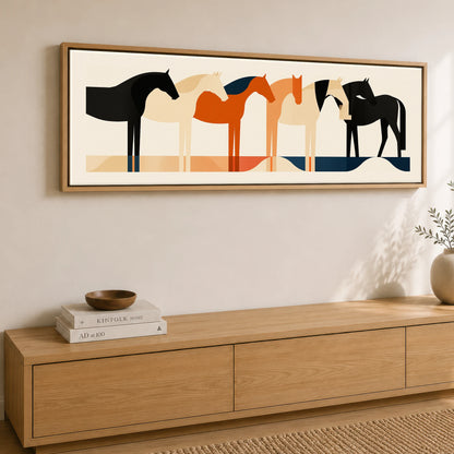 Geometric Equine Harmony Wild Horses panoramic canvas wall art displayed above a sideboard