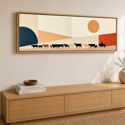 Mid-Century Cattle Drive Western Horse panoramic canvas wall art displayed above a sideboard