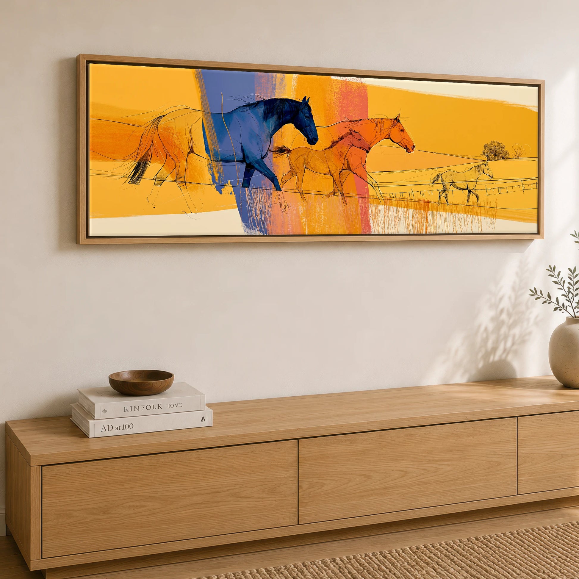 Prismatic Plains Horse Landscape panoramic canvas wall art displayed above a sideboard