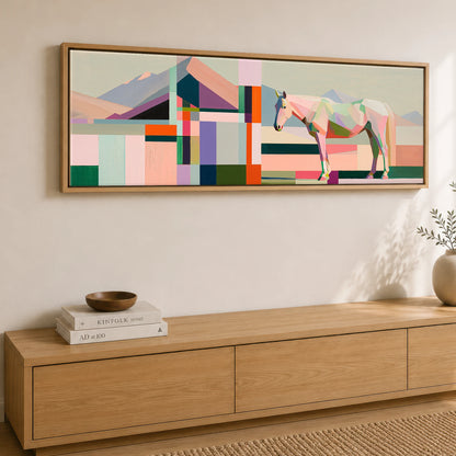 Faceted Equine Horizon Horse Landscape panoramic canvas wall art displayed above a sideboard