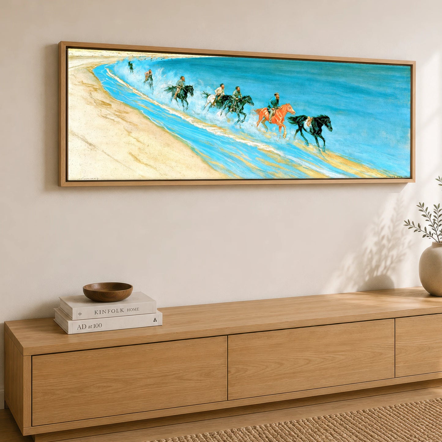 Galloping Through the Surf Beach Horse panoramic canvas wall art displayed above a sideboard