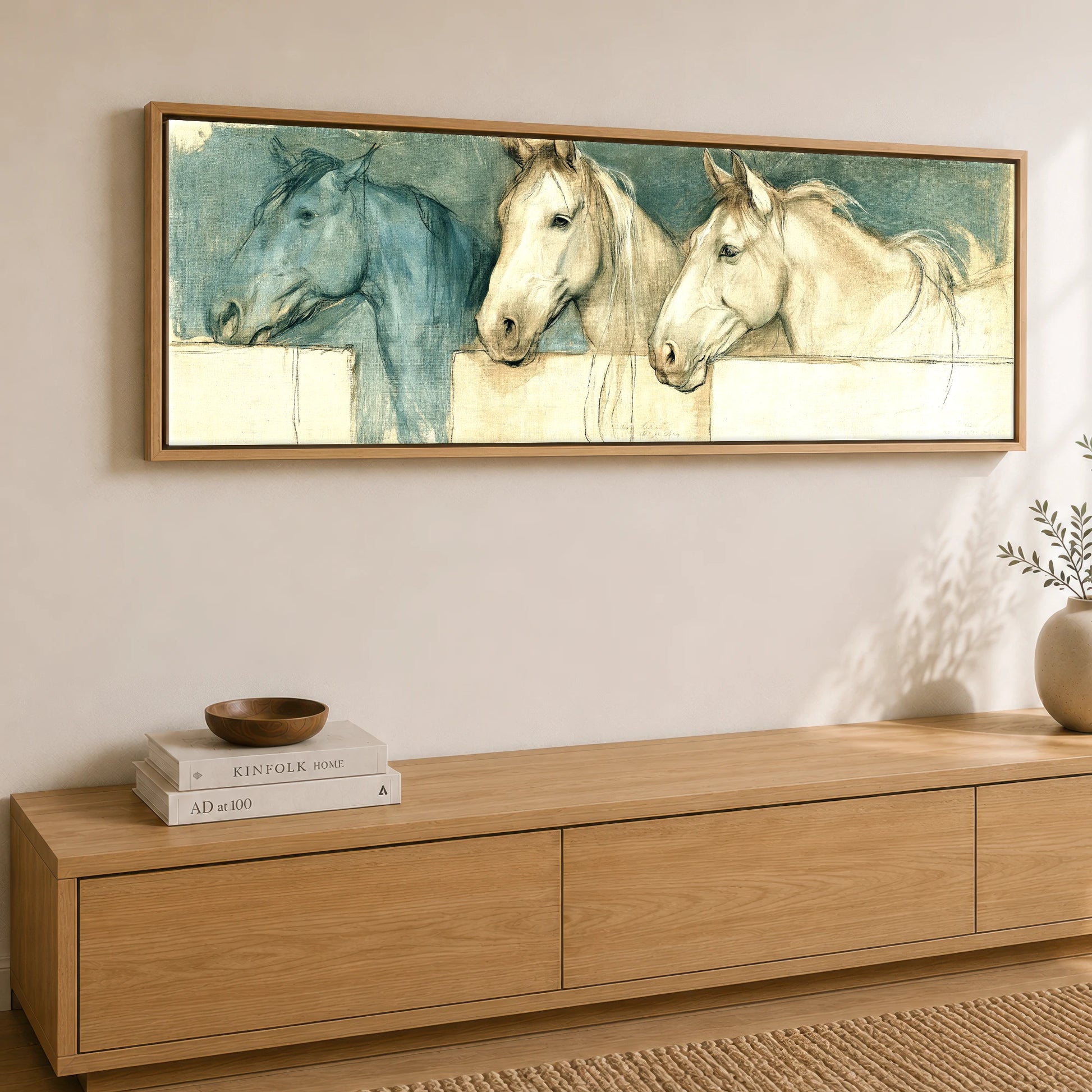 Over the Half Door Horse Stable panoramic canvas wall art displayed above a sideboard