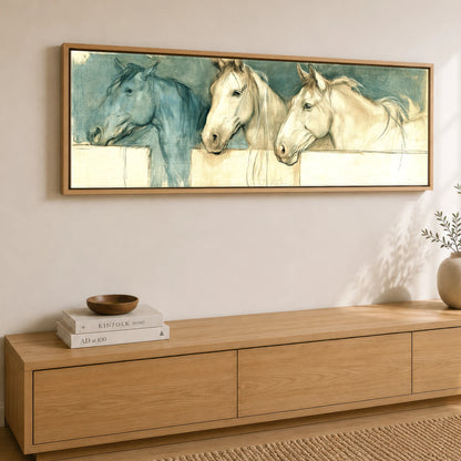 Over the Half Door Horse Stable panoramic canvas wall art displayed above a sideboard