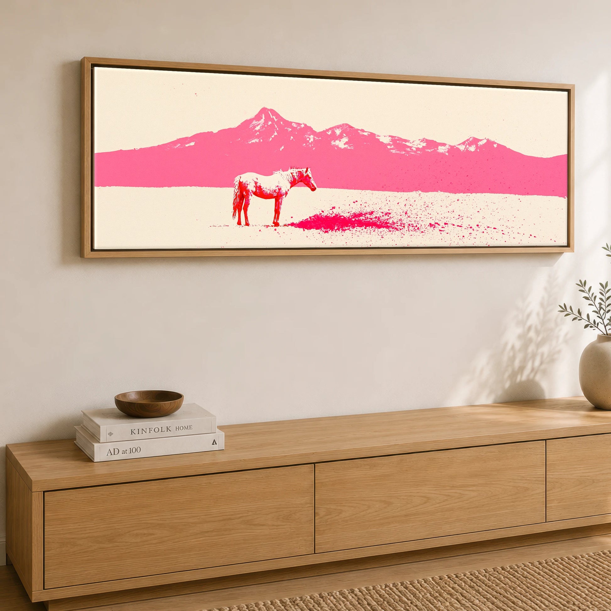 Magenta Mountains Horse Landscape panoramic canvas wall art displayed above a sideboard