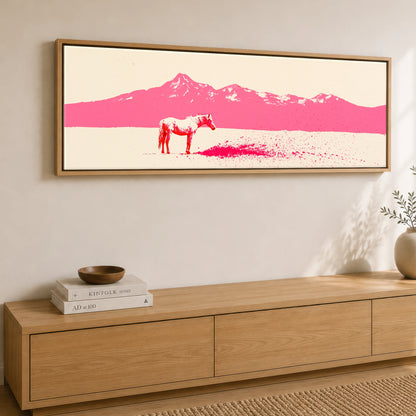 Magenta Mountains Horse Landscape panoramic canvas wall art displayed above a sideboard
