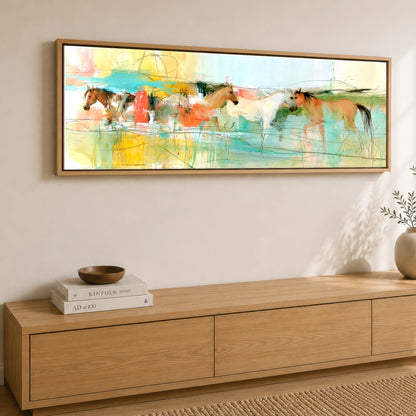 Vibrant Herd Crossing Horse Landscape panoramic canvas wall art displayed above a sideboard