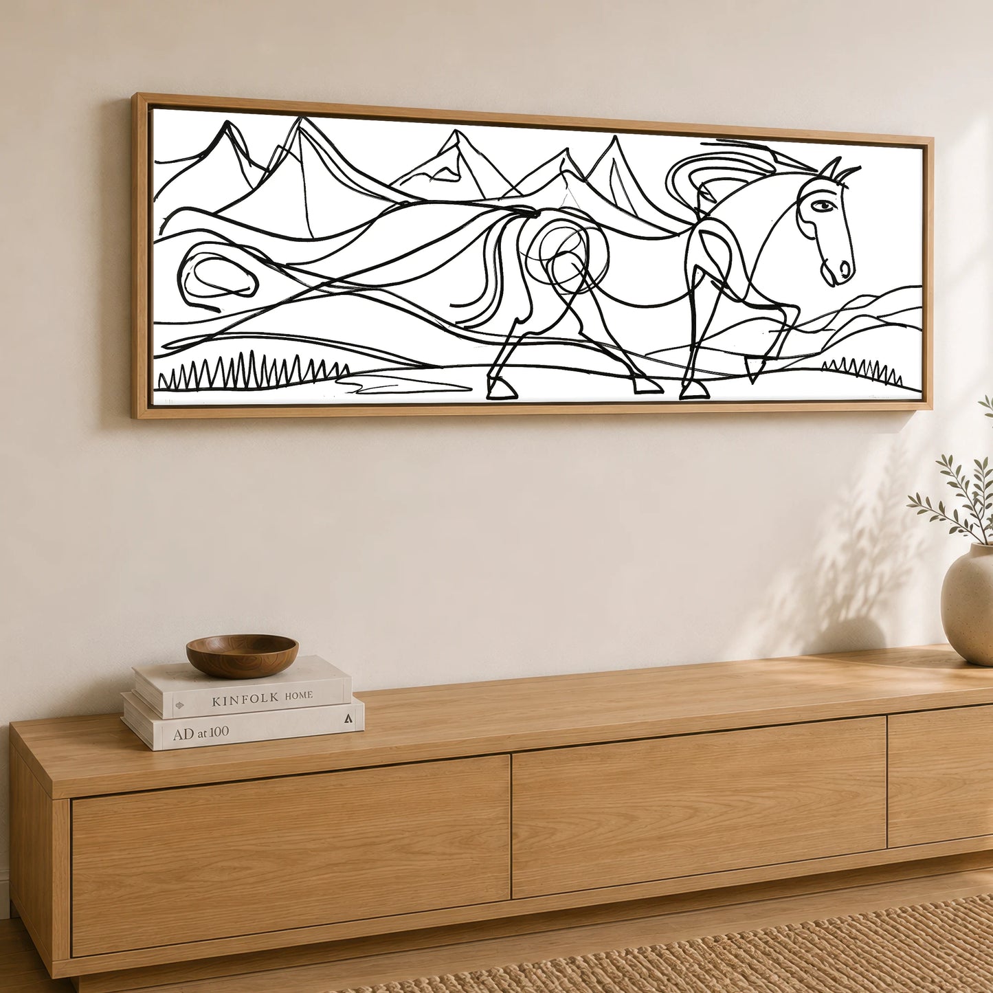 Bold Equine Contours Horse Landscape panoramic canvas wall art displayed above a sideboard