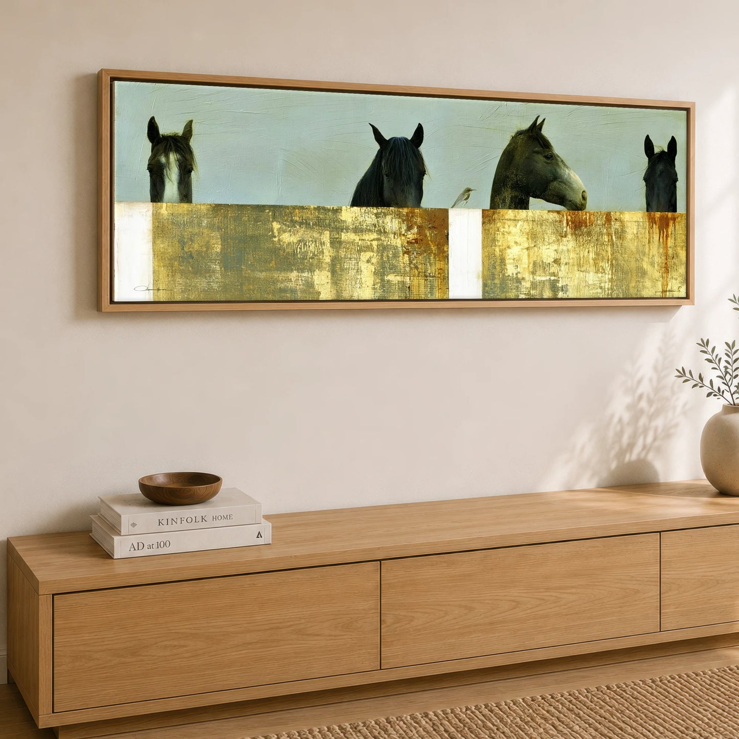 Quiet Observers Horse Stable panoramic canvas wall art displayed above a sideboard