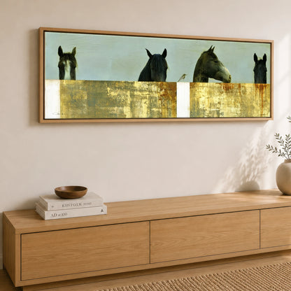 Quiet Observers Horse Stable panoramic canvas wall art displayed above a sideboard