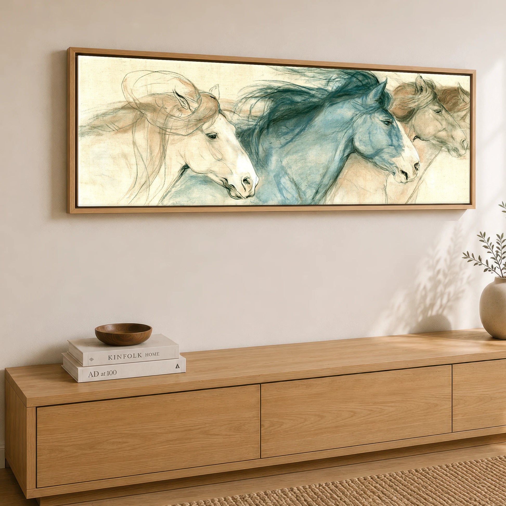 Windswept Equine Trio Horse Landscape panoramic canvas wall art displayed above a sideboard
