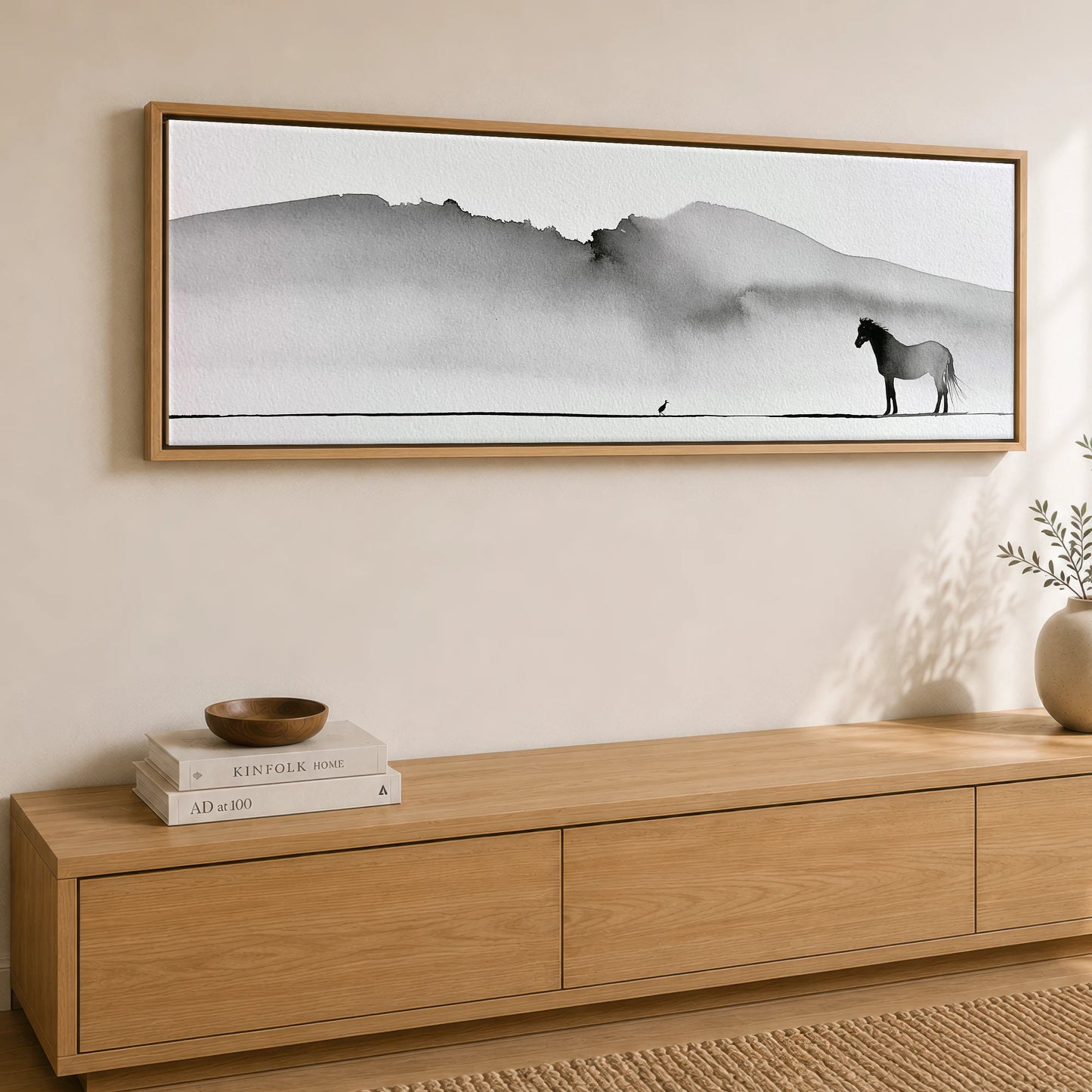 Solitude in Ink Horse Landscape panoramic canvas wall art displayed above a sideboard