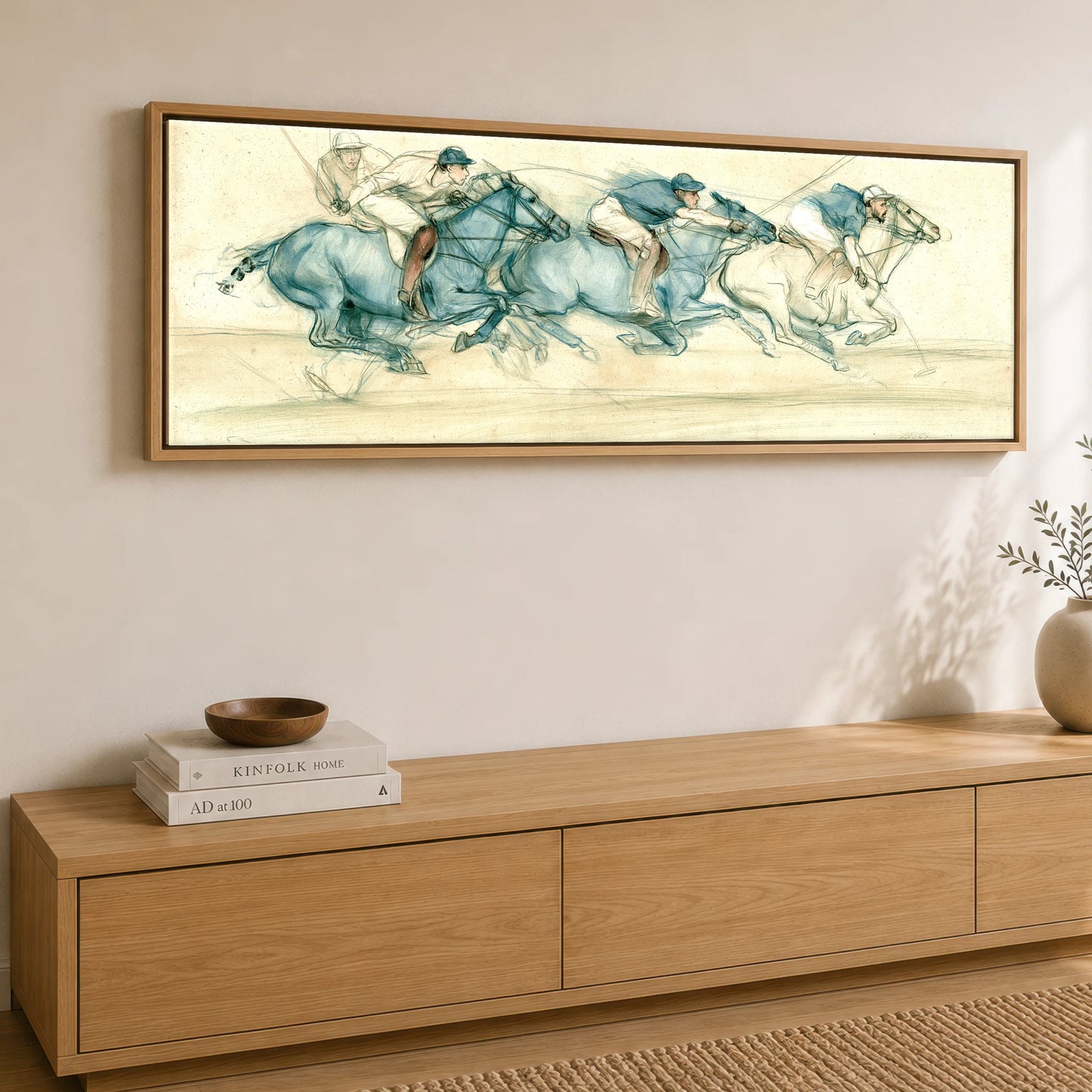 The Blue Chukka Polo Horse panoramic canvas wall art displayed above a sideboard