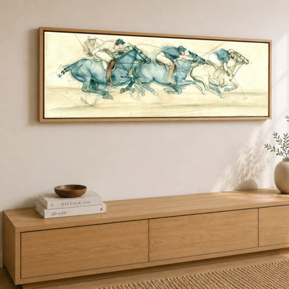 The Blue Chukka Polo Horse panoramic canvas wall art displayed above a sideboard