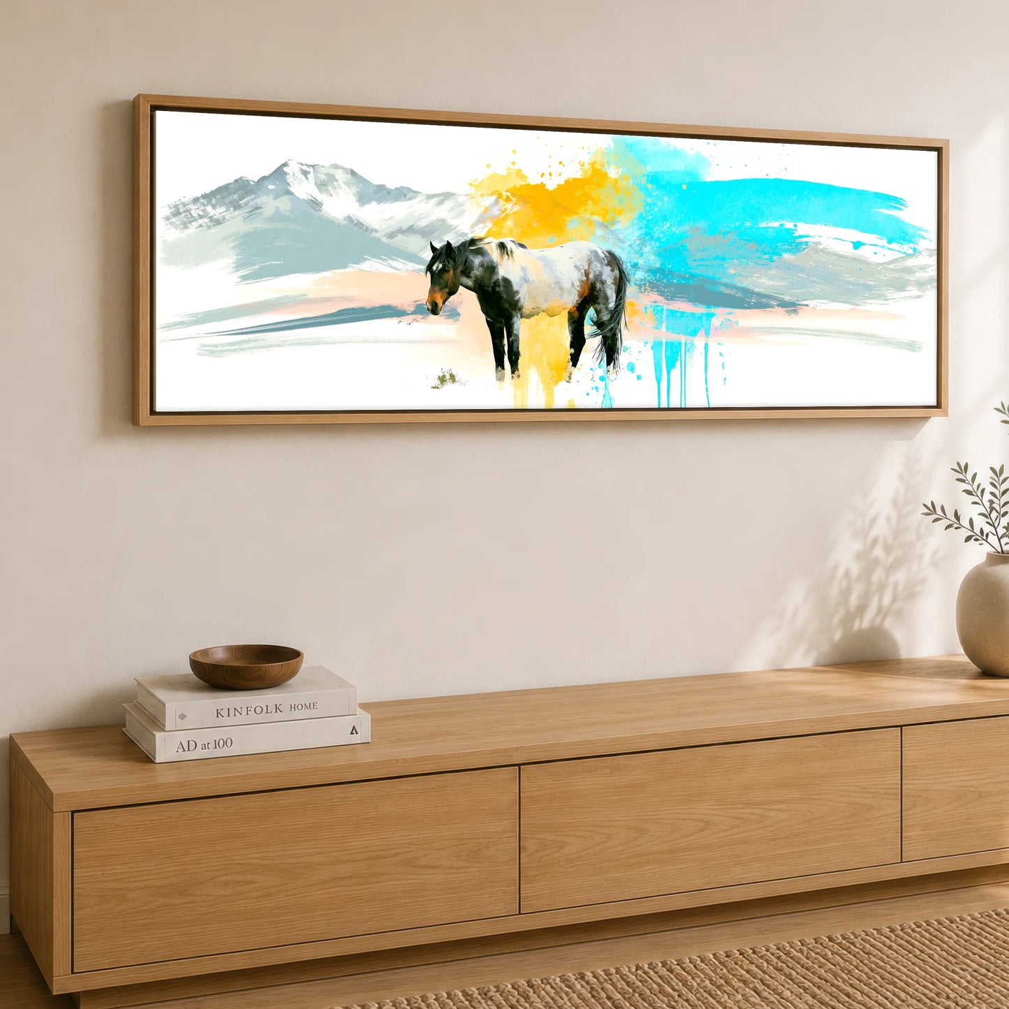 Vibrant Painted Horizons Horse Landscape panoramic canvas wall art displayed above a sideboard