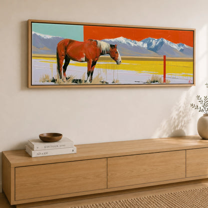 Painted High Country Horse Landscape panoramic canvas wall art displayed above a sideboard