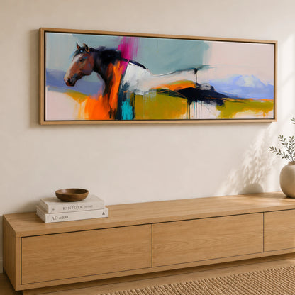 Vivid Equine Horizon Horse Landscape panoramic canvas wall art displayed above a sideboard