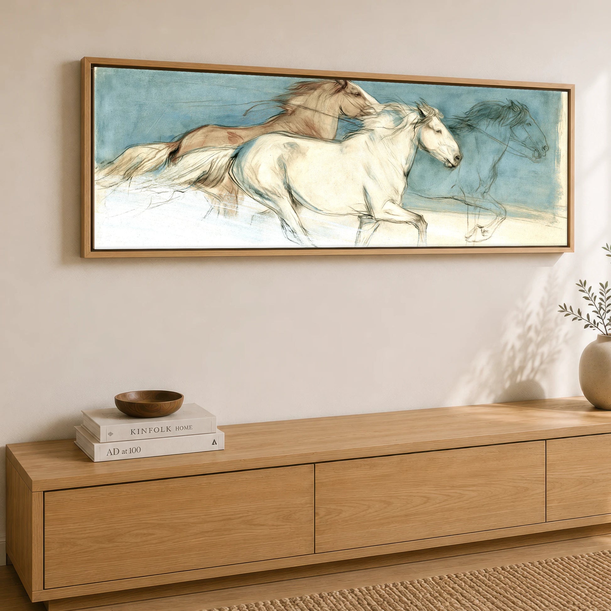 Teal Wash Gallop Study Horse Landscape panoramic canvas wall art displayed above a sideboard