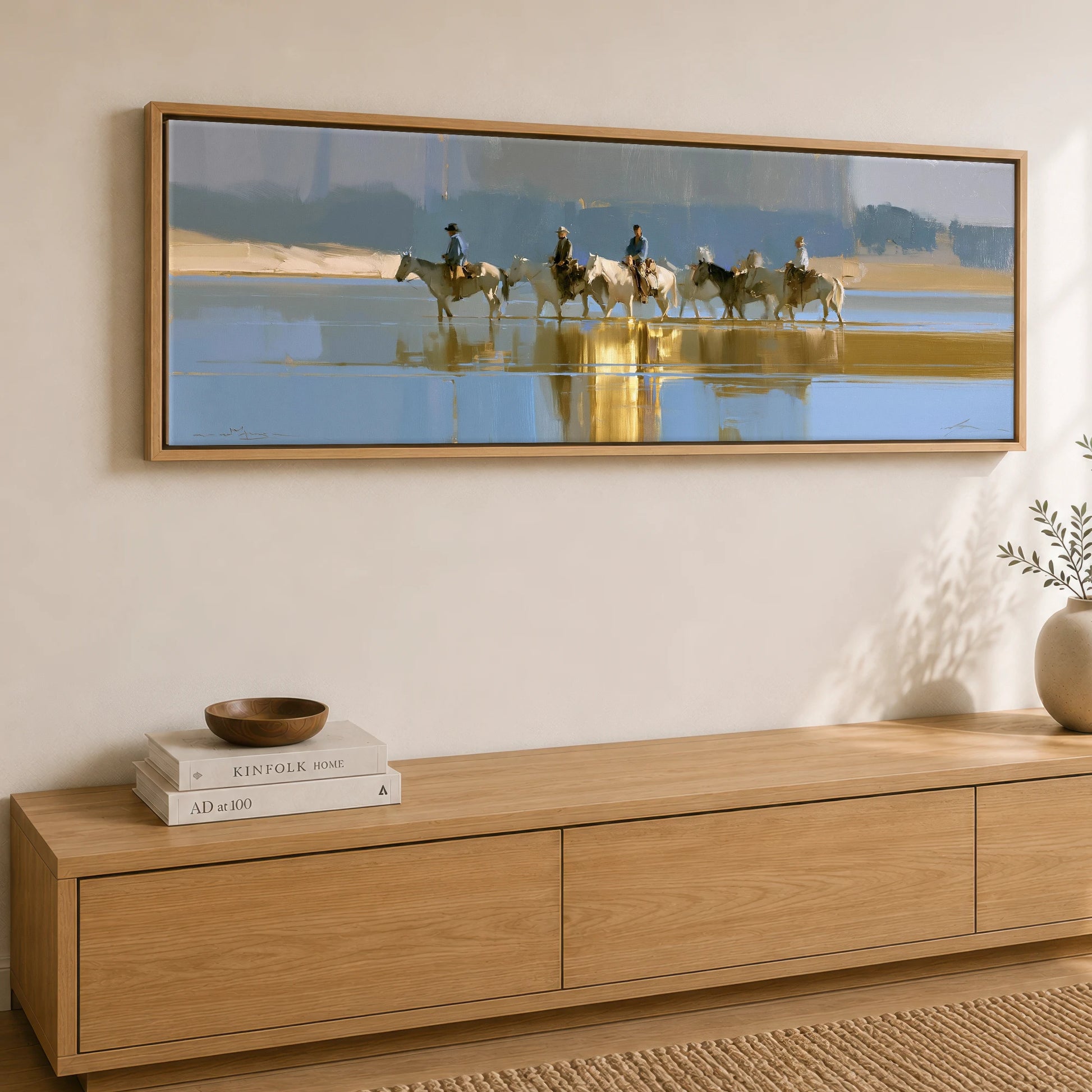Sunlit River Crossing Horse Landscape panoramic canvas wall art displayed above a sideboard