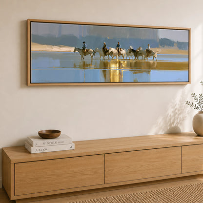 Sunlit River Crossing Horse Landscape panoramic canvas wall art displayed above a sideboard