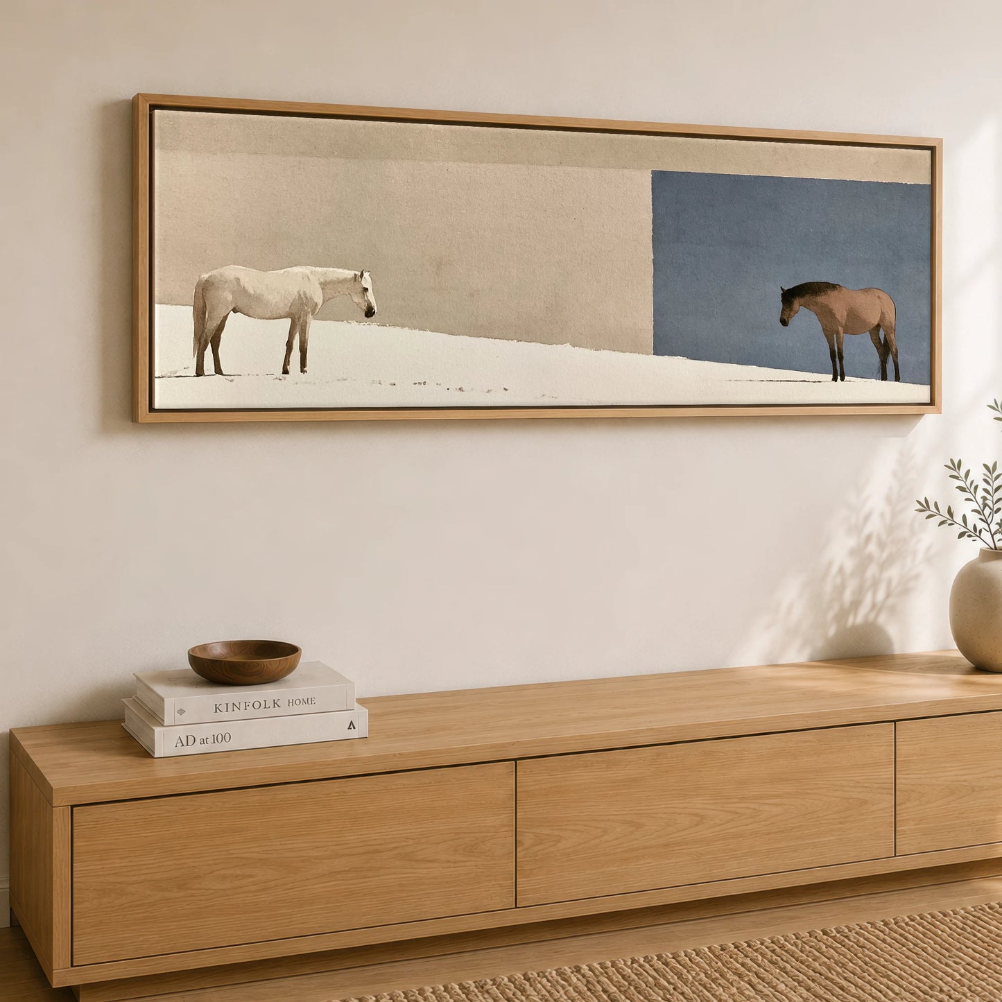The Quiet Divide Horse Landscape panoramic canvas wall art displayed above a sideboard