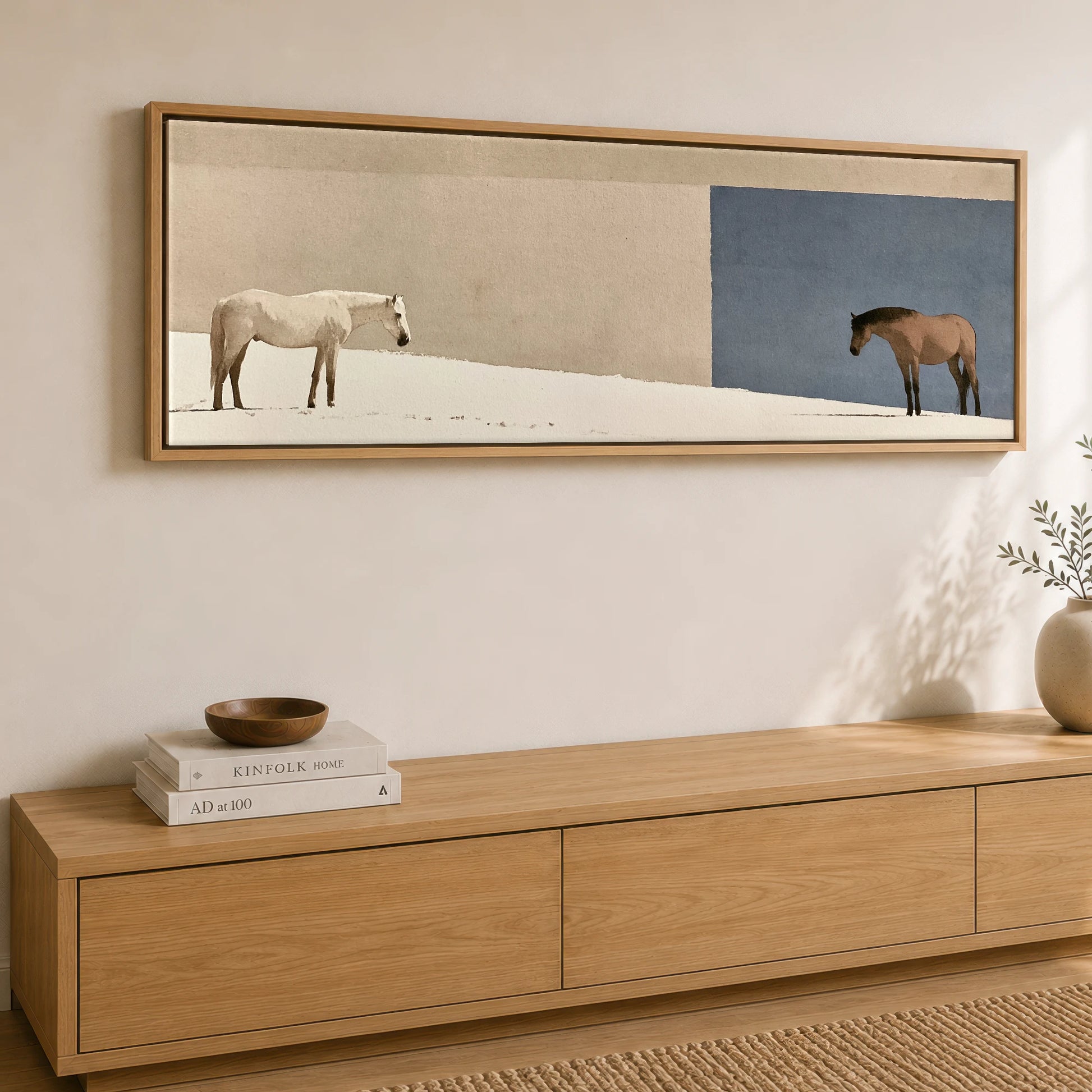 The Quiet Divide Horse Landscape panoramic canvas wall art displayed above a sideboard
