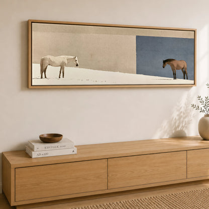 The Quiet Divide Horse Landscape panoramic canvas wall art displayed above a sideboard