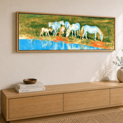 Vivid Waterside Herd Wild Horses panoramic canvas wall art displayed above a sideboard