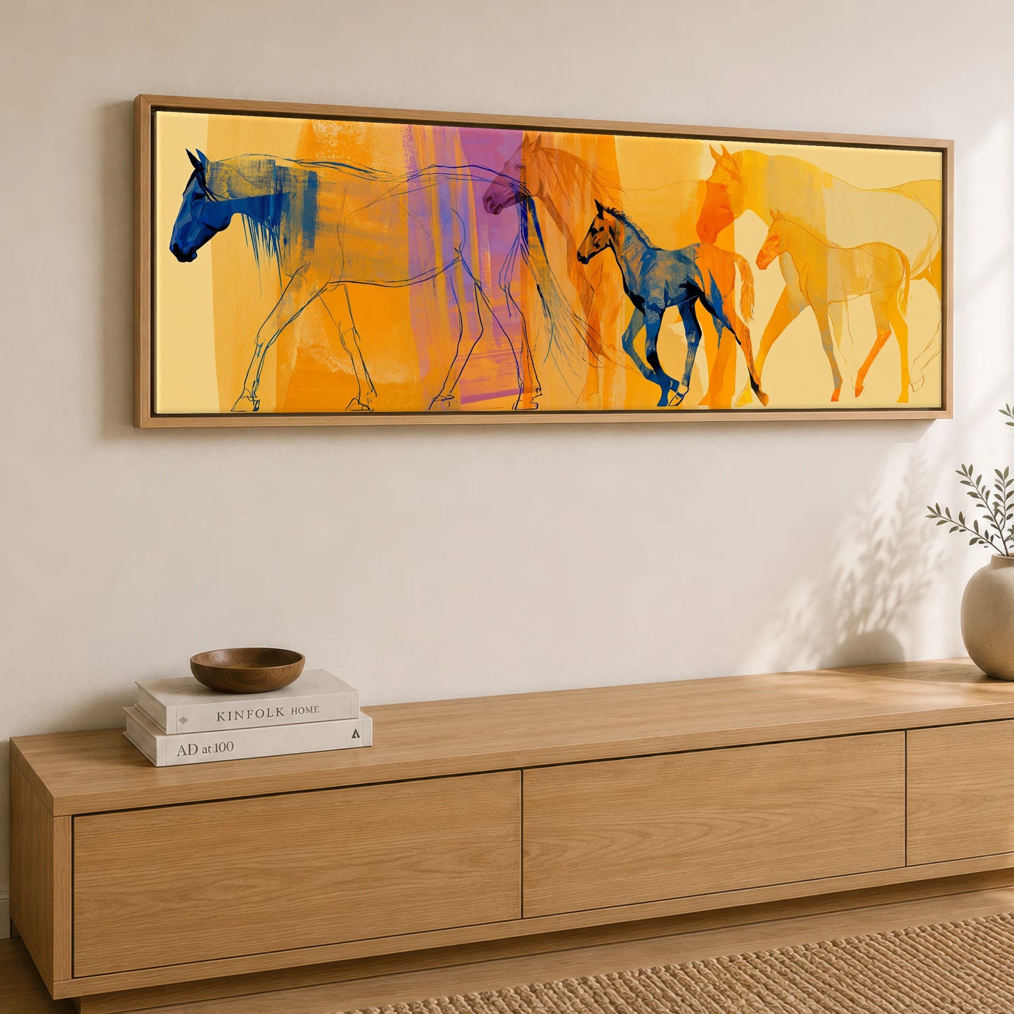 Cobalt and Amber Symphony Mare & Foal panoramic canvas wall art displayed above a sideboard