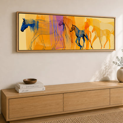 Cobalt and Amber Symphony Mare & Foal panoramic canvas wall art displayed above a sideboard