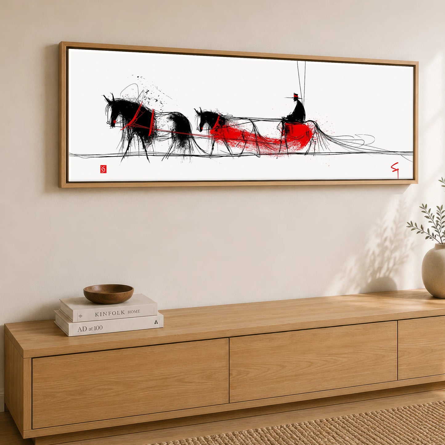 Crimson Ink Drive Working Horse panoramic canvas wall art displayed above a sideboard
