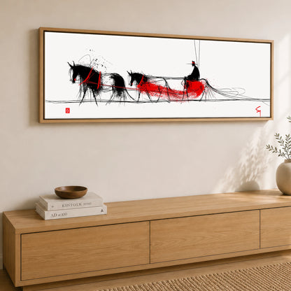 Crimson Ink Drive Working Horse panoramic canvas wall art displayed above a sideboard