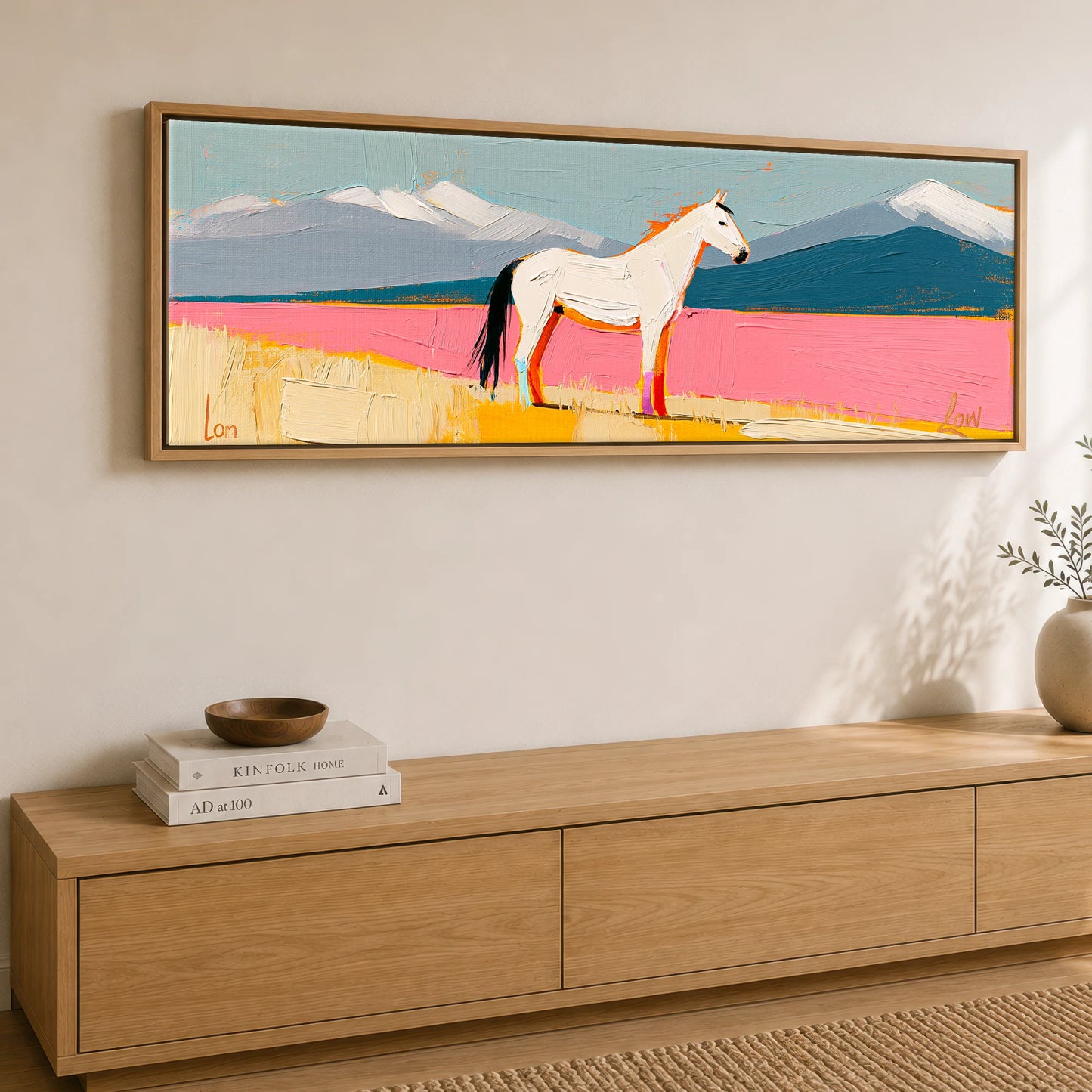Vivid Equine Horizon Horse Landscape panoramic canvas wall art displayed above a sideboard