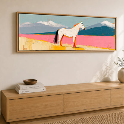 Vivid Equine Horizon Horse Landscape panoramic canvas wall art displayed above a sideboard