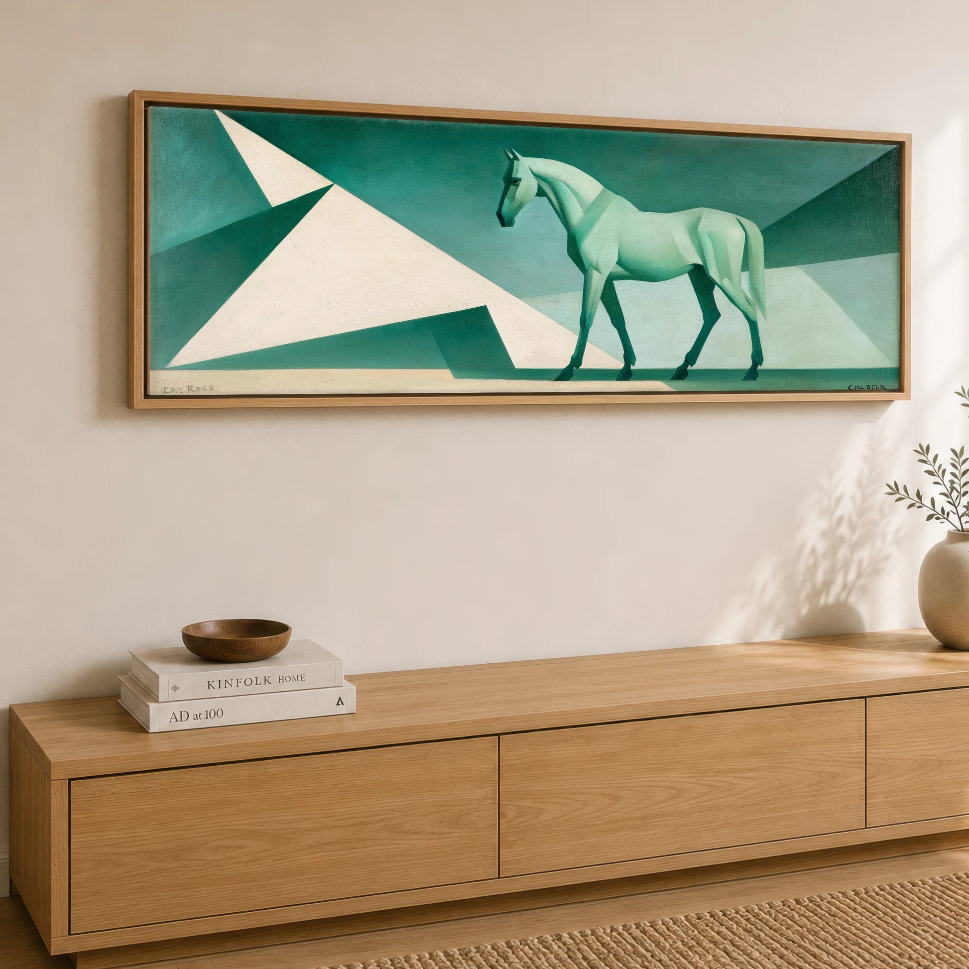 Geometric Green Striding Horse Horse Landscape panoramic canvas wall art displayed above a sideboard
