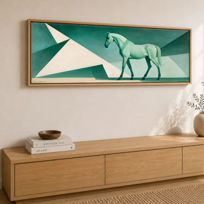 Geometric Green Striding Horse Horse Landscape panoramic canvas wall art displayed above a sideboard