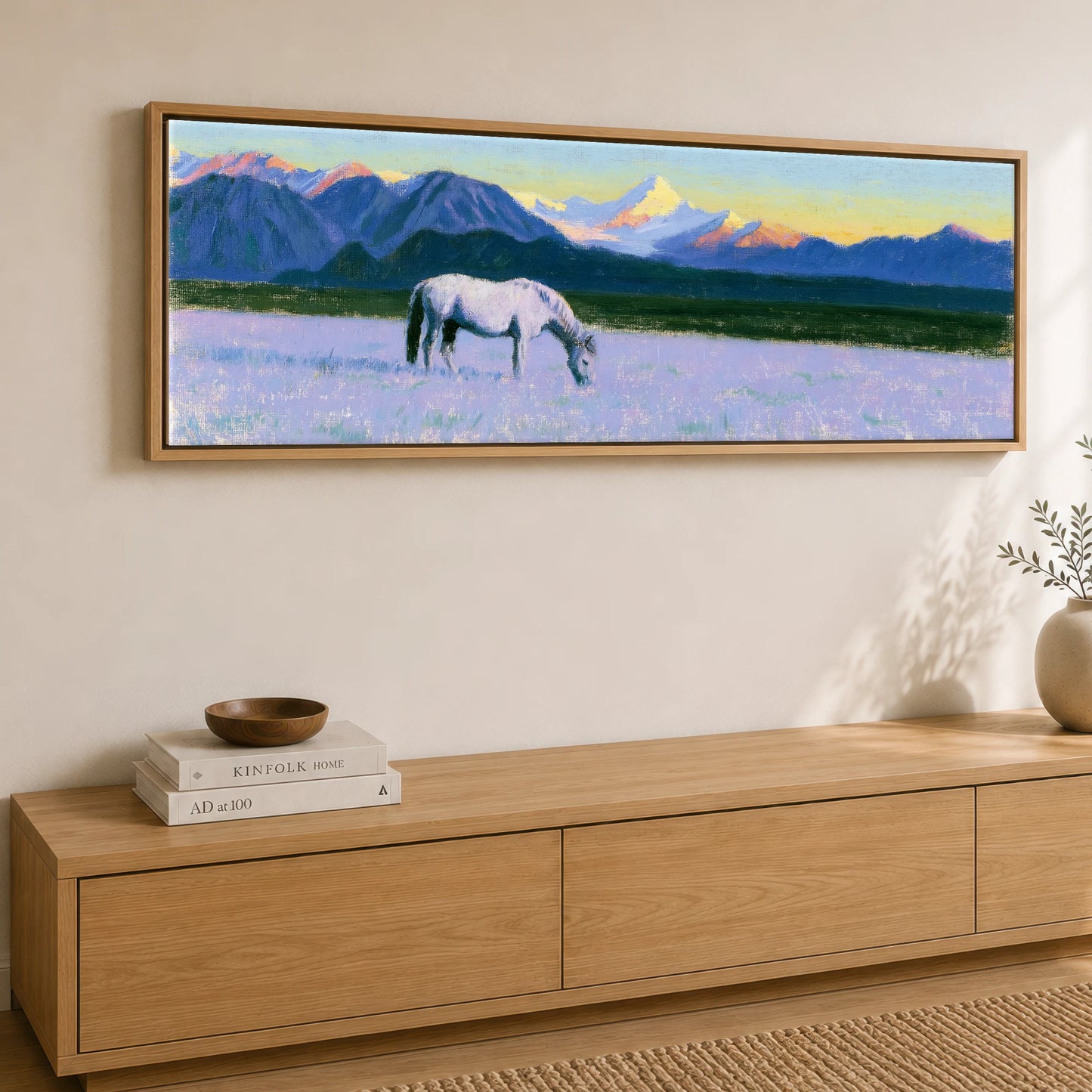 Lavender Mountain Pasture Horse Landscape panoramic canvas wall art displayed above a sideboard