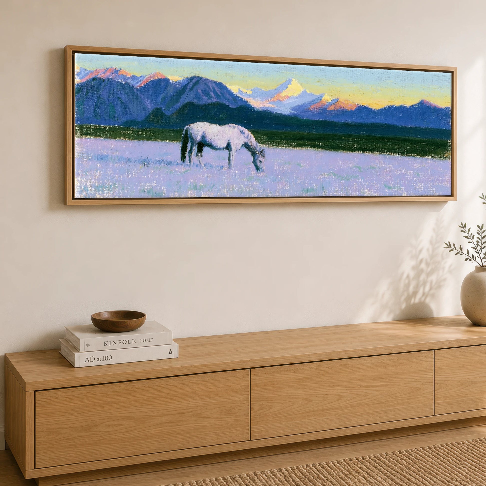 Lavender Mountain Pasture Horse Landscape panoramic canvas wall art displayed above a sideboard