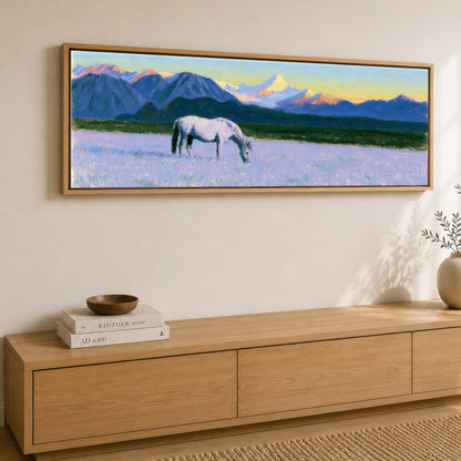 Lavender Mountain Pasture Horse Landscape panoramic canvas wall art displayed above a sideboard