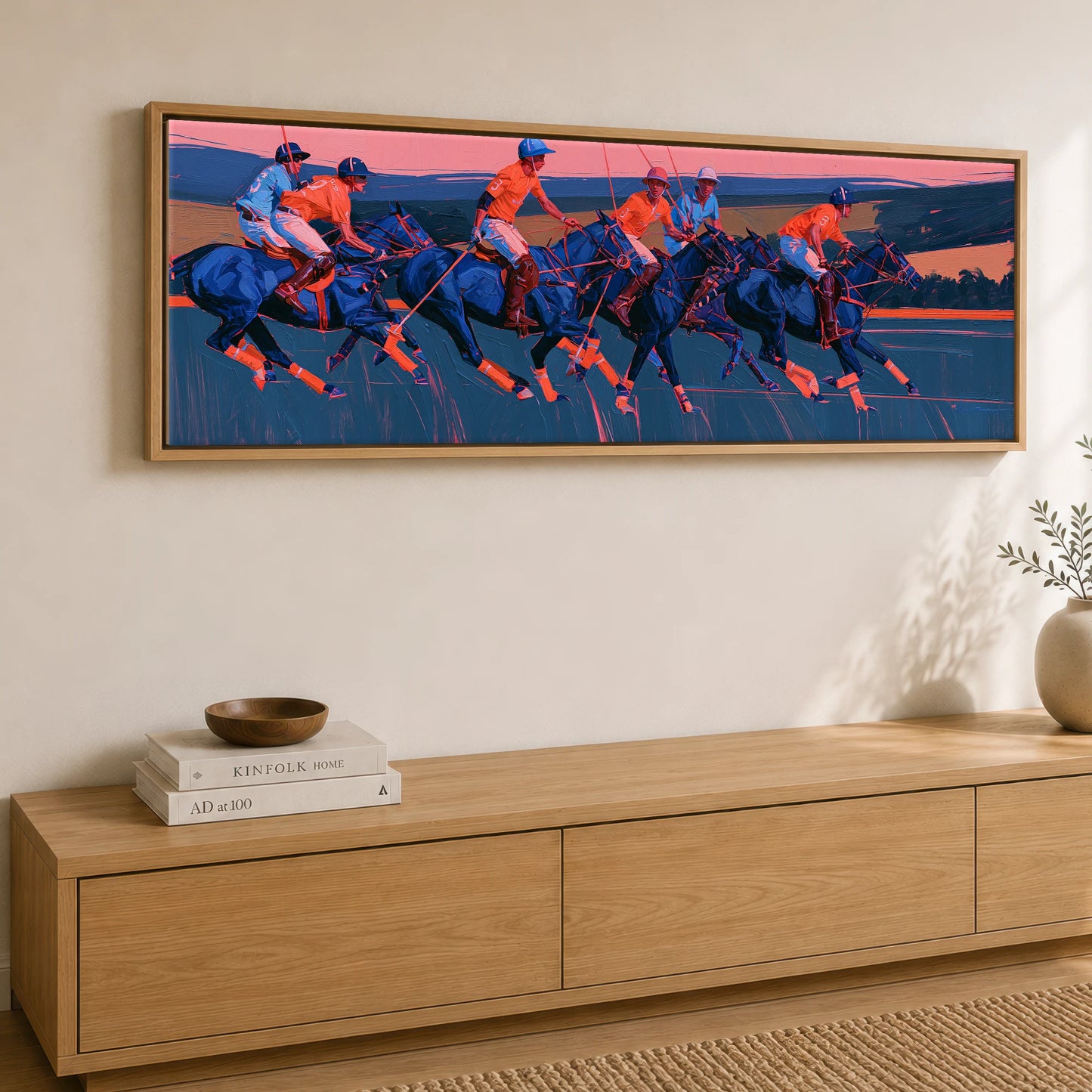 Vibrant Polo Charge Polo Horse panoramic canvas wall art displayed above a sideboard
